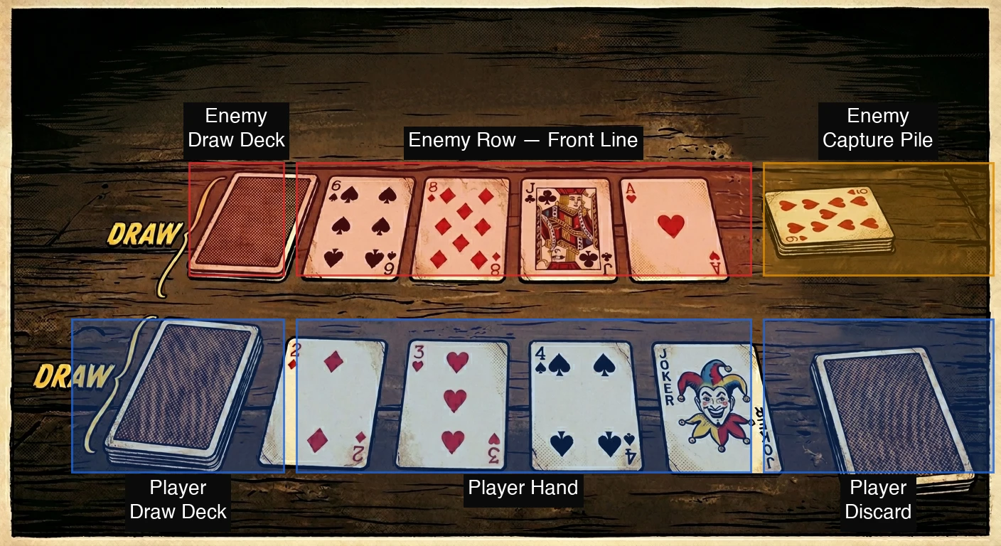 Annotated Card Capture tableau showing Enemy Draw Deck, Enemy Row, Enemy Capture Pile, Player Draw Deck, Player Hand, and Player Discard Pile
