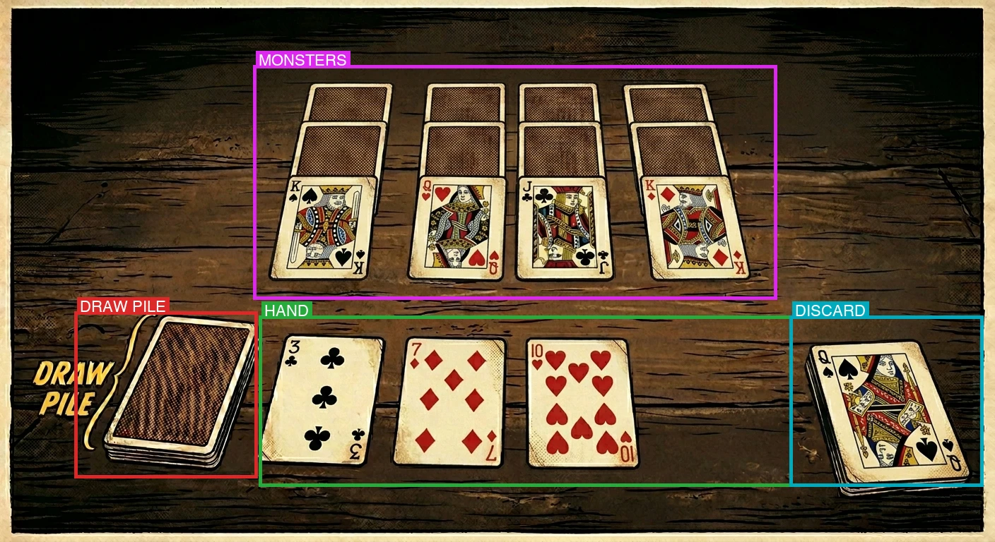 Annotated Clear the Dungeon tableau showing the four monster columns (magenta), the draw pile (red), the player hand (green), and the discard pile (teal)